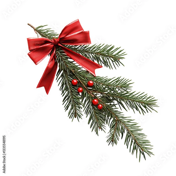 Fototapeta Festive christmas fir branch with red bow and berries isolated on transparent  background png
