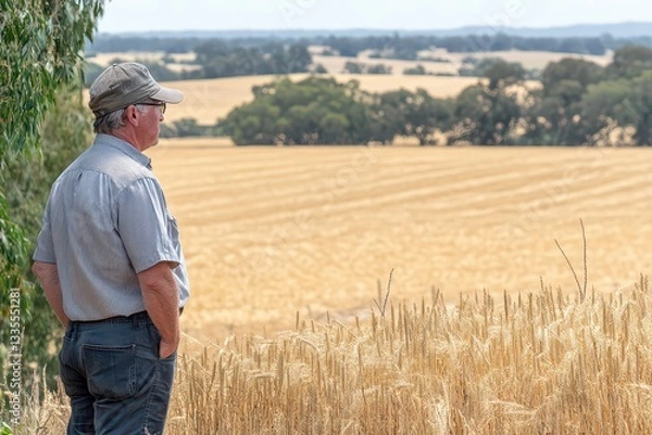 Obraz Man gazing over golden wheat fields under a clear sky, contemplating the harvest season