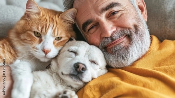 Fototapeta Pet Owner Enjoys Cozy Moments With Beloved Cat and Dog on Comfortable Sofa at Home
