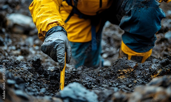Fototapeta Meticulous Exploration of Earthy Terrain with Hand Tool in Dynamic Fieldwork
