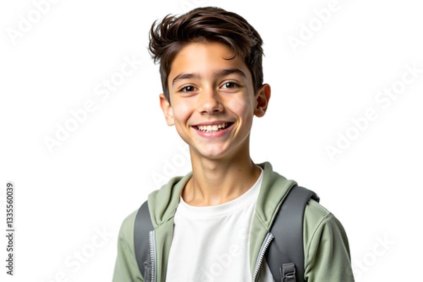 Fototapeta Smiling boy with backpack isolated on white background. Cheerful student portrait for education, back to school, or youth themes.