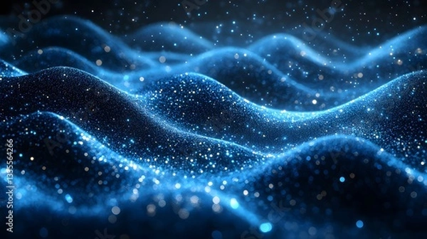 Fototapeta Blue light particles and wave glitters in a 3D abstract digital technology stock image,

