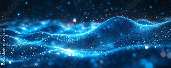Fototapeta Blue light particles and wave glitters in a 3D abstract digital technology stock image,


