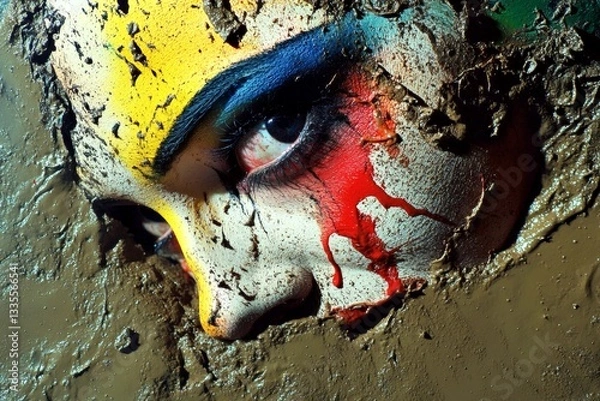 Fototapeta Bizarre dream images. Metaphorical drowning in mud emotions of fear and despair. Drowning in mud - nightmares, bad dreams: abstract image of individual status. Dream disturbance. Sleep trauma.