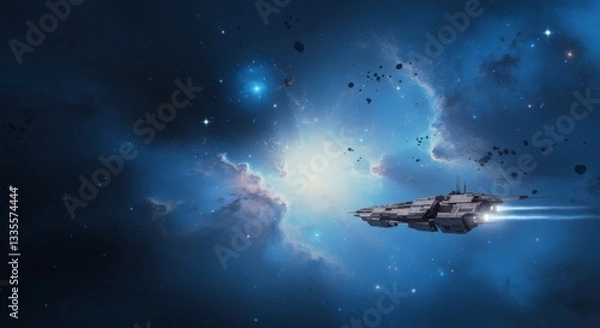 Fototapeta Spaceship Journey Through Nebula Cosmic Exploration and Sci Fi Starship