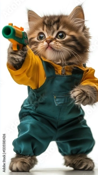 Fototapeta cat is holding a water gun and is wearing a karate outfit. Songkran animal happy holiday