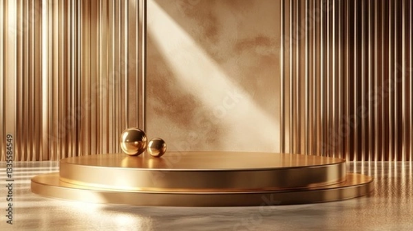 Obraz 3D render of glossy golden luxury podium with abstract minimal geometric shapes, creating a sleek and elegant design for showcasing cosmetic products in a high-end display
