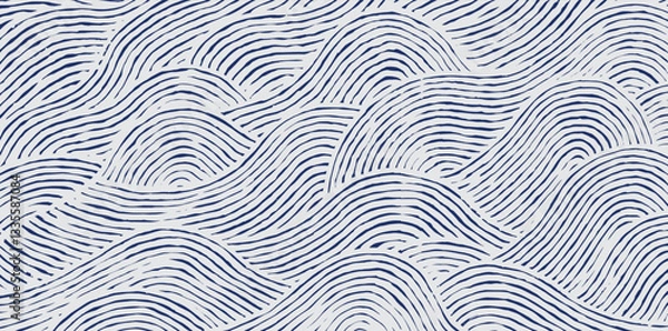 Fototapeta Crafted hand drawn wave brush line abstract pattern in white and indigo blue, Japanese and ethnic, tribal wood carving, block print textured surface background, simple graphic for carpet, textile