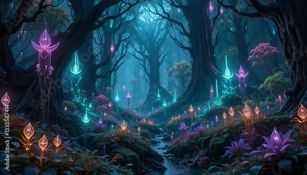 Fototapeta Cybernetic Forest with Glowing Plants