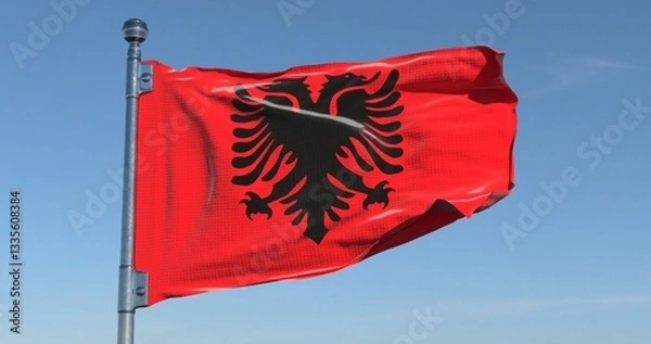 Obraz Albanian Flag Waving in Clear Sky Realistic Background