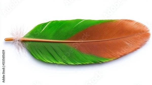 Obraz Vibrant Green And Brown Bird Feather Close up On White Background
