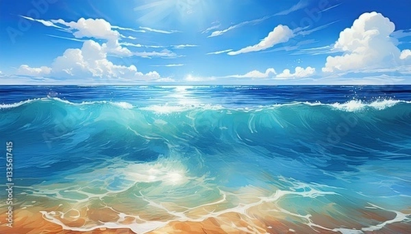 Fototapeta 晴れ渡る空！青い海！旅行に行きたくなるようなイラスト素材