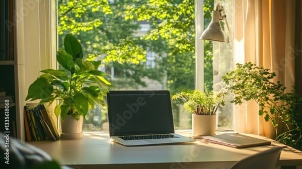 Fototapeta A home office with a large window overlooking a scenic natural landscape