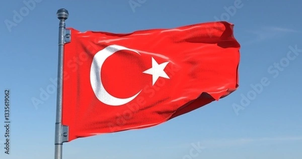 Fototapeta Turkish Flag Waving in Clear Sky Realistic Background