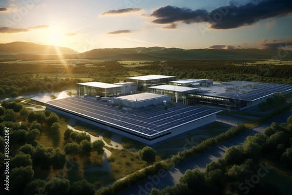 Fototapeta Large aerial view of a factory building, data center powered by solar energy.