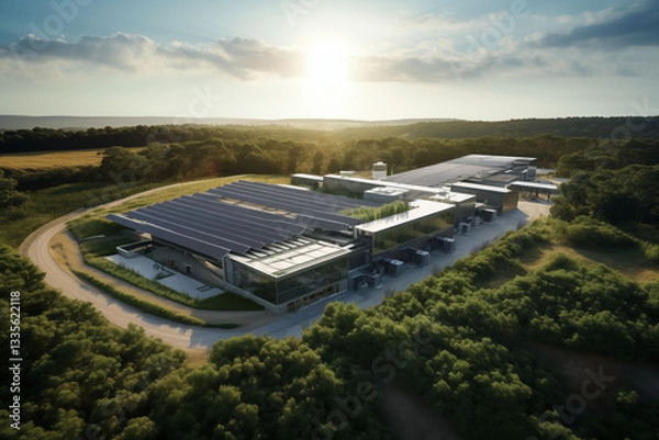 Fototapeta Large aerial view of a factory building, data center powered by solar energy.