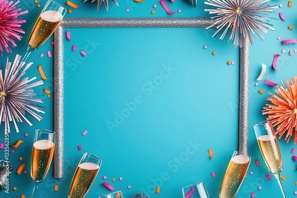 Fototapeta Festive celebration frame with champagne glasses, colorful confetti, and decorative elements on vibrant blue background. Perfect for party invitations or holiday greetings