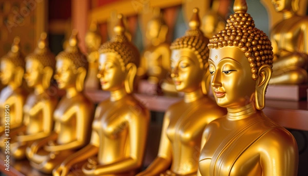 Fototapeta Golden Buddha statues in temple, serene spiritual repetition