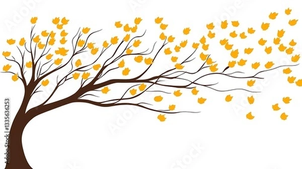 Fototapeta Autumn tree, leaves blowing, white background