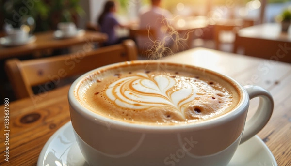 Fototapeta Steaming cup of latte art on wooden table in café