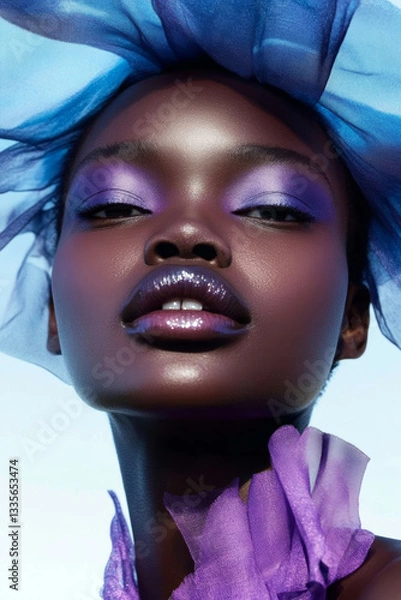 Fototapeta Fashion portrait featuring a young model adorned with striking purple makeup and a flowing blue and purple veil, presenting a bold, artistic aesthetic that captivates the viewer