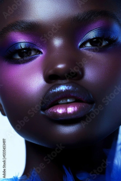 Obraz Close-up beauty portrait featuring a fashion model with vibrant, colorful makeup, showcasing bold purple eyeshadow and glossy lips, elegantly posed under soft blue lighting