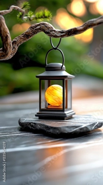 Fototapeta Small Glowing Lantern on Stone Surface in Garden at Night