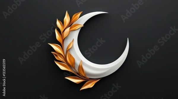 Fototapeta White Crescent Moon with Gold Leaf Wreath on Dark Background