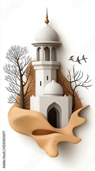 Fototapeta White Mosque 3D Render on Beige Sand with Birds and Trees