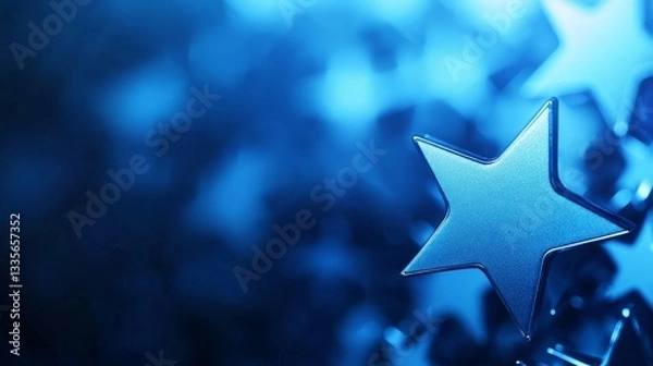 Fototapeta Glowing five-star rating symbolizes goal achievement, set against a clean, minimal backdrop. Represents ambition, success, and progress.
