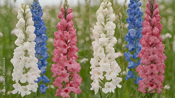 Fototapeta Colorful Snapdragon flowers in field, summer bloom, nature background