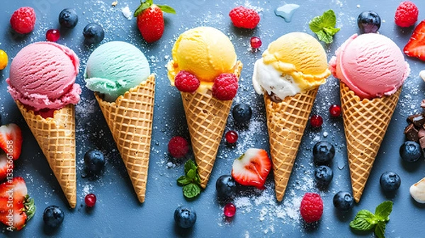 Obraz Colorful ice cream cones with berries, summer dessert