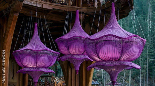 Obraz Purple floral lamps hang in wooden structure, forest background; decor, design