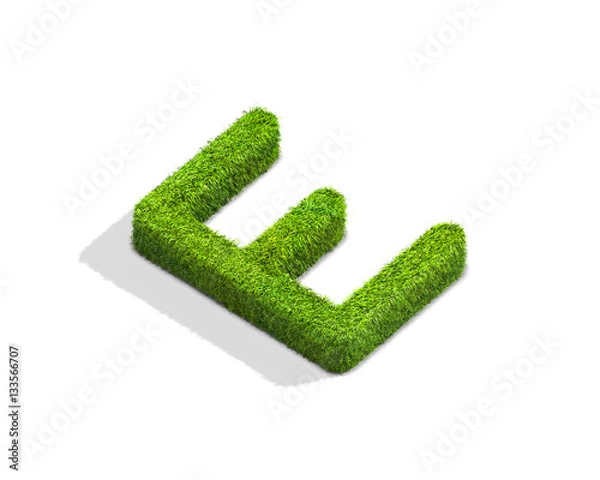 Fototapeta Grass letter E in uppercase format from isometric angle with shadow on ground.