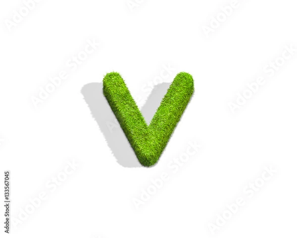 Fototapeta Grass letter V in lowercase format from top angle with shadow on ground.