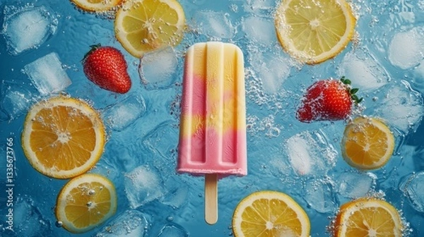 Fototapeta Colorful popsicle surrounded by ice and fresh fruit on a vibrant blue background