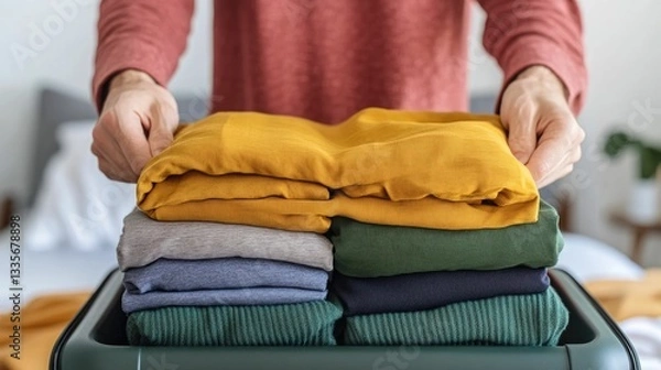 Fototapeta Efficiently packing a suitcase with neatly rolled clothing creating a seamless and organized travel experience  The image showcases an organized and minimalist approach to packing