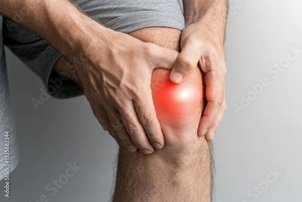 Fototapeta Knee pain - joint discomfort, leg ache, patella strain, mobility issue, ligament soreness, bending trouble, cartilage irritation, movement difficulty, chronic stiffness, orthopedic distress.