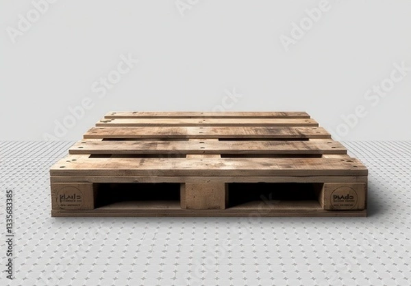 Fototapeta Wooden pallet on a tiled floor in a minimalistic setting, showcasing industrial simplicity.