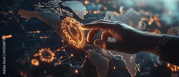 Obraz Businessman touching gears icon on digital screen with world map and global network connection technology, AI machine learning or big data in business system to showcase modern cashless economy. 