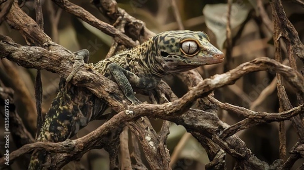 Fototapeta Beautifully camouflaged Satanic Leaf Tailed Gecko clinging to a twisted branch in Madagascar blending seamlessly into its eerie forest surroundings