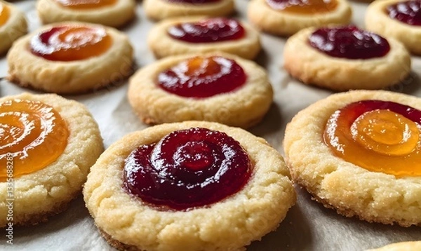Fototapeta A mouthwatering sight of juicy, buttery cookies topped with a generous amount of jam, Generative AI