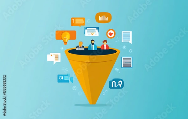Fototapeta Here generated metadata Marketing funnel visualizes customer journey with engaging icons and data points, showing conversion and interaction in dynamic digital graphic