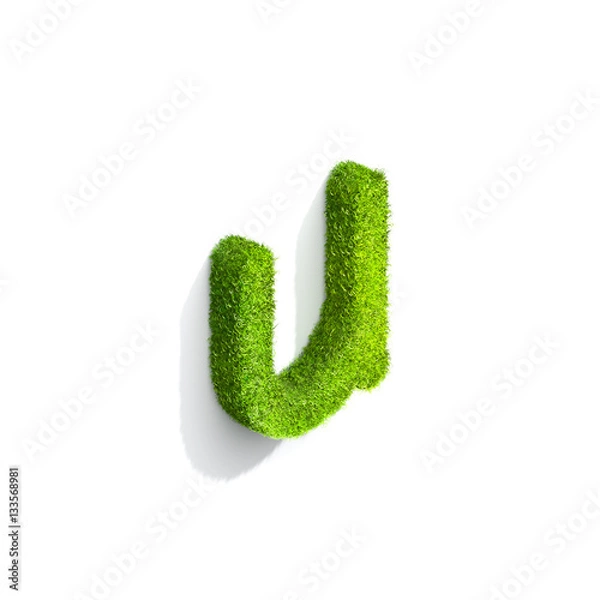 Fototapeta Grass letter U in lowercase format from isometric angle with shadow on ground.