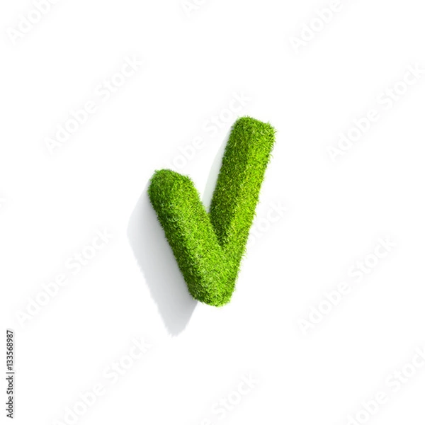 Fototapeta Grass letter V in lowercase format from isometric angle with shadow on ground.