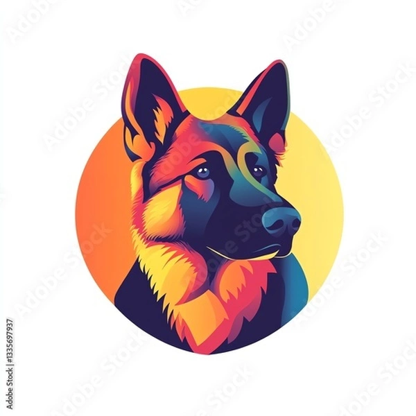 Fototapeta Vibrant German Shepherd Dog Portrait in a Colorful Circular Design, a Stunning Visual Masterpiece