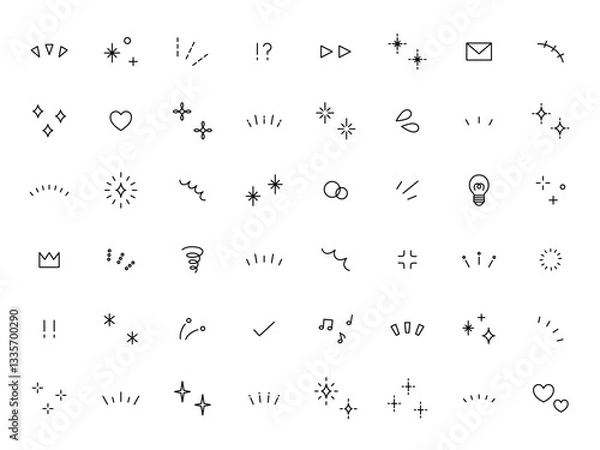 Obraz シンプルなアイコンのベクターイラストセット。飾り、ハート、シンプル、星、集中線