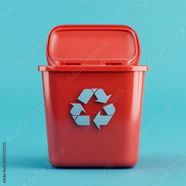 Fototapeta Red recycle bin, open lid, blue background, studio shot