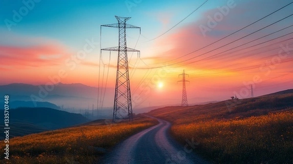 Fototapeta Ethereal power lines stretch across sunset's painted canvas, energy towers stand tall
