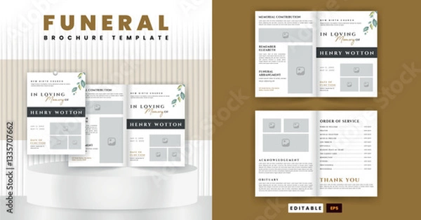 Obraz Funeral Template for Memorial Program. Minimalist Funeral Invitation Card Bifold Brochure Design Layout.